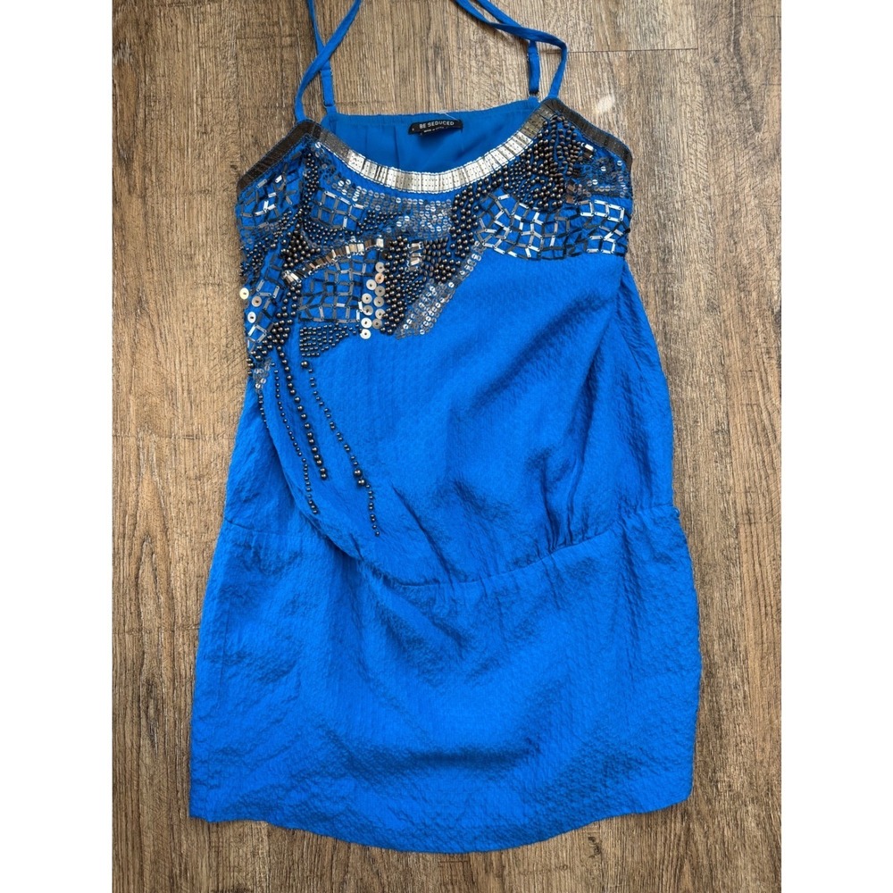 Be Seduced Silk Mini Dress Blue Beaded Sequin Embellished Size 6‎ Cocktail Party